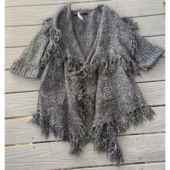 Kensie Grey Marled Fringe Knit Open Front Cardigan Sweater L Asymmetrical - Picture 2 of 15